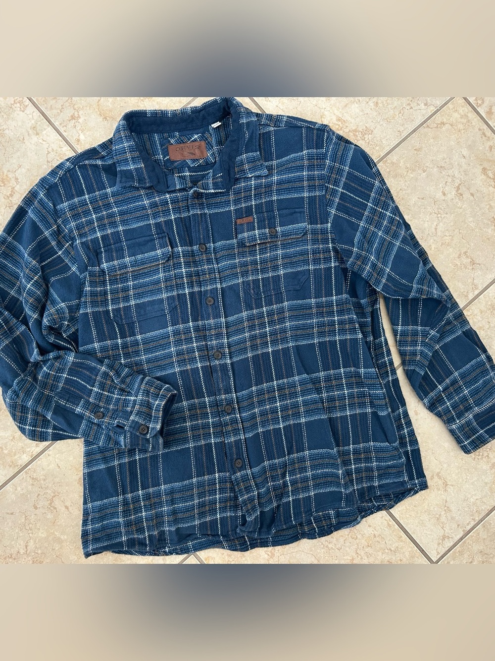 ORVIS Men’s XXL Long Sleeve Flannel Plaid, Blue Teal Cotton Button up Shirt